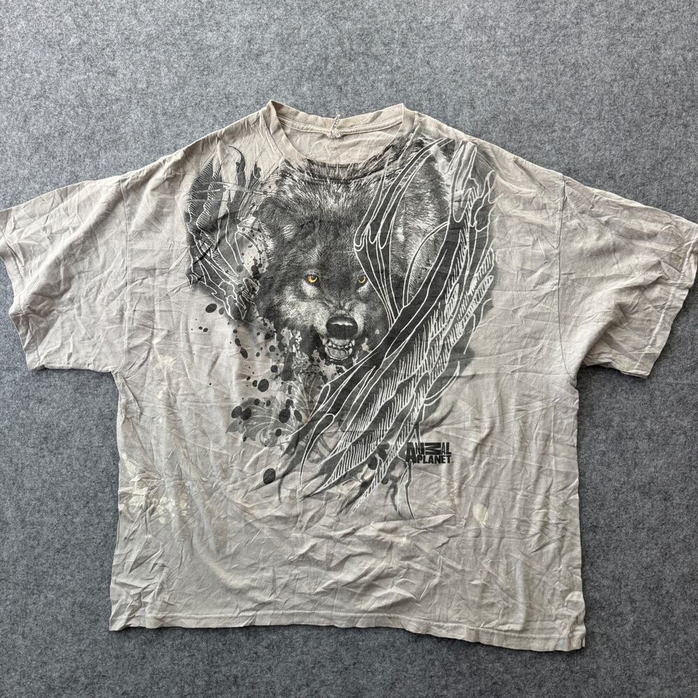 Vintage Y2K Animal Planet Wolf Graphic Nature Tie Dye Shirt 2XL (S03)